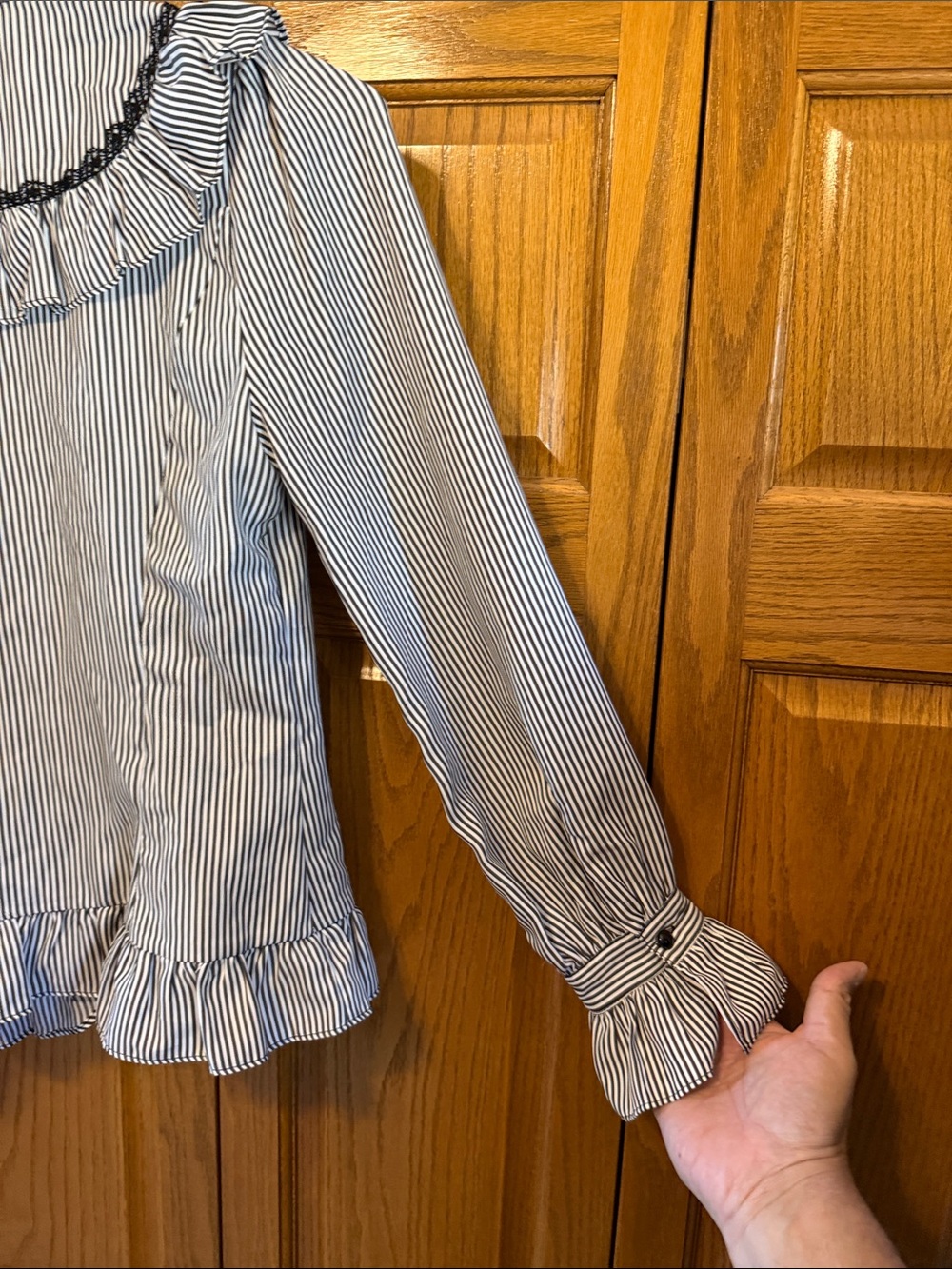 Victorian-Inspired Black & White Stripe Ruffle Button-Down Blouse- Medium-NWT - Picture 13 of 16